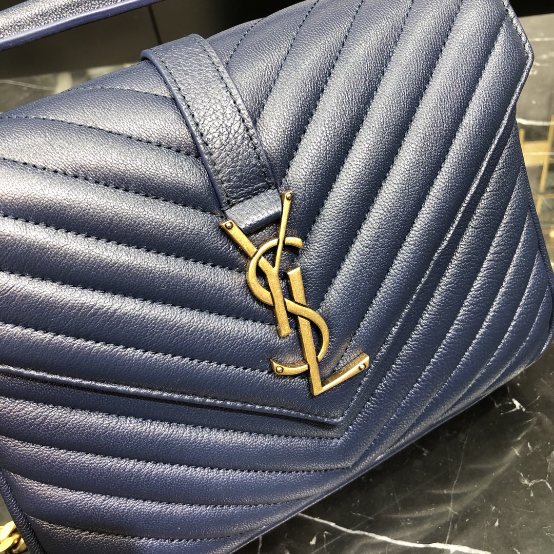 Saint Laurent Lambskin College Handbag Shoulder Bag Navy Blue 600279 Gold